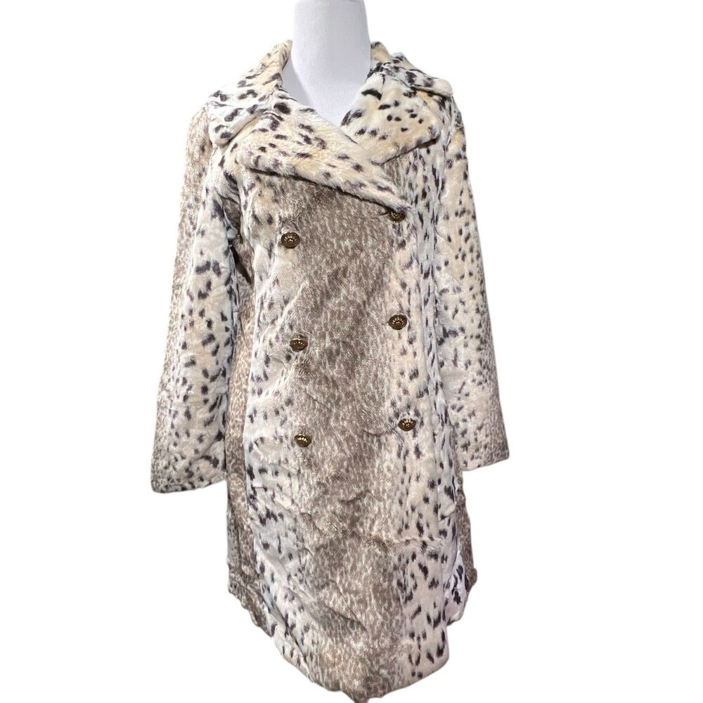 Vintage 70s Faux Fur Coat Cream Arctic Lynx Snow Leopard Print Union Made Size 8